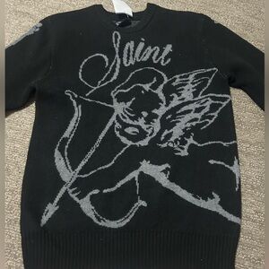 Palm Angels Black Crewneck Sweater with Gray Cherub Graphic
